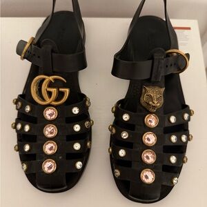 Gucci Black Leather Crystal-Embellished Gladiator Sandals